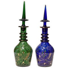 Antique Bohemian Enameled Hand-Painted Blue and Emerald Green Glass Decanters