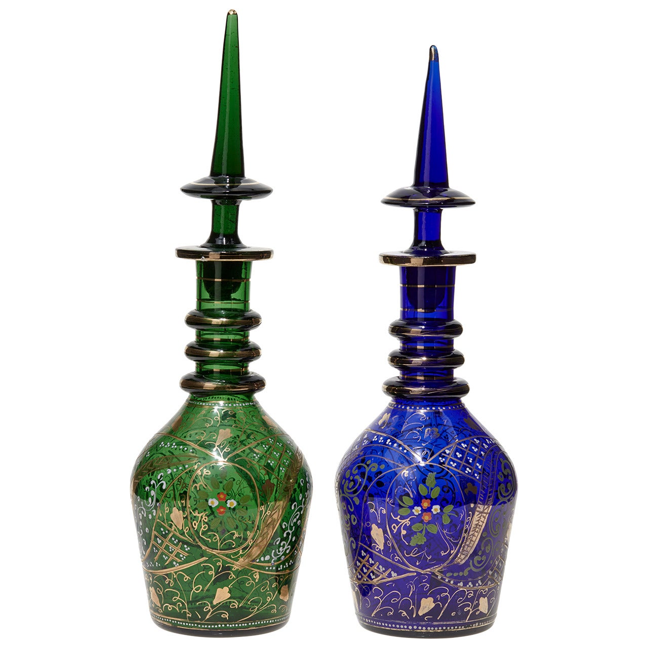 Antique Bohemian Enameled Hand-Painted Blue and Emerald Green Glass Decanters For Sale