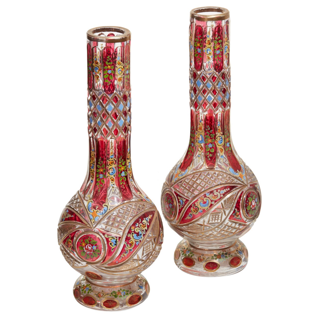 Pair of Bohemian Enameled Glass Vases, Late 19th Century