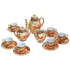 Hand-Painted Enameled Complete Coffee Set for Six with Chinese Decor, circa 1920
