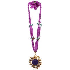 24 Carat Gold and Violet Agate Pendant on Purple Silk