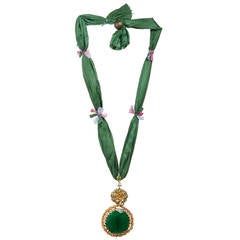 24 Carat Gold and Green Round Agate Pendant on Green Silk