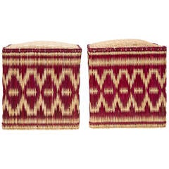 Pair of Moroccan Wicker Stools with Red Decorations, Made to Order