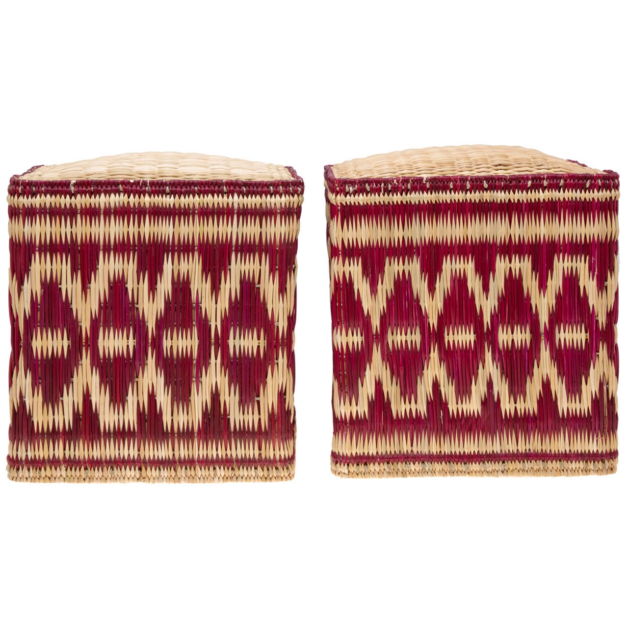 Pair of Moroccan Wicker Stools with Red Decorations, Made to Order For Sale