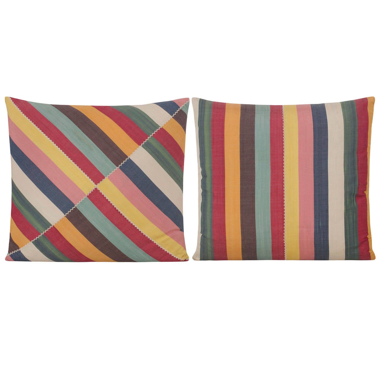 Pair of Yastik Shalimar multi- striped square cushions by Rifat Ozbek For Sale