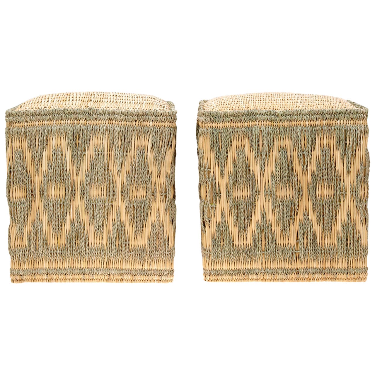 Pair of Wicker Stools with Cord Decorations For Sale