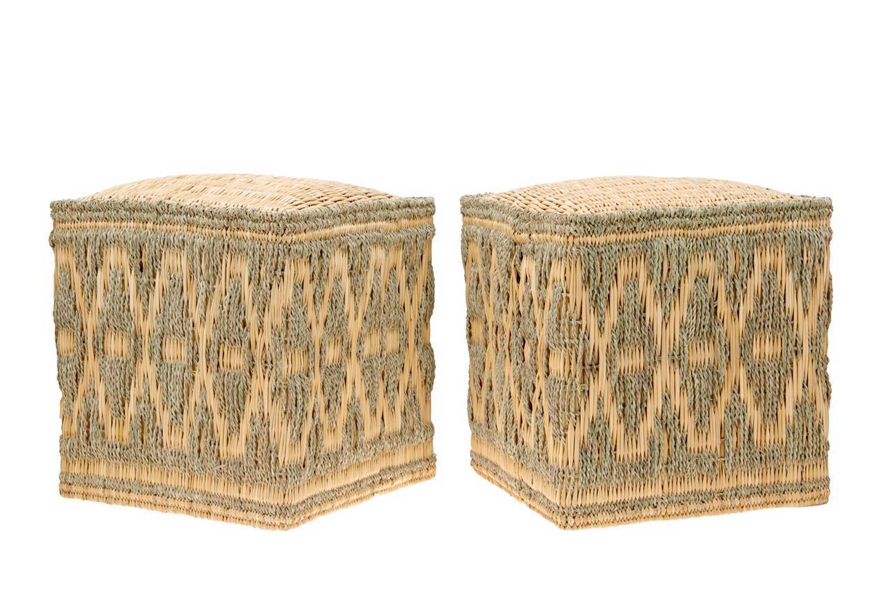 Made to Order
Pair of handwoven wicker stools or small tables with decorative border in natural cord. Made to order with estimated delivery time: 60 days. 

Measures: 40 x 45 cm each.

Price is per pair.