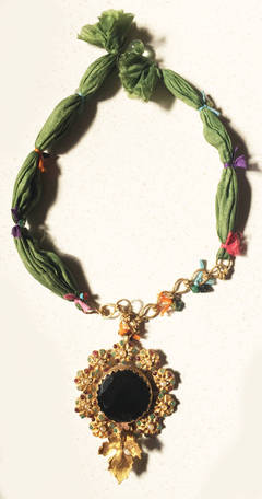 24ct Gold necklace with Green Agate stone on Green silk.