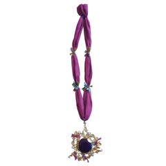 Vintage Gold and Violet Agate Pendant Necklace on Purple Silk