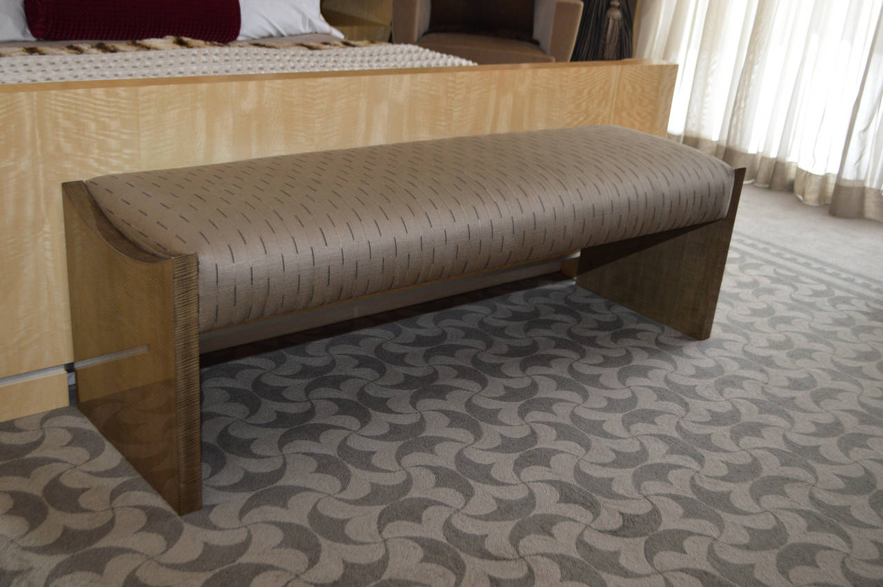 J Robert Scott Bench with Unique cross hatched wood, upholstered in JRS silk, floating tight seat within curved detail