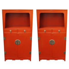 Pair of Red Lacquered Baker Far East Collection Tall Cabinets