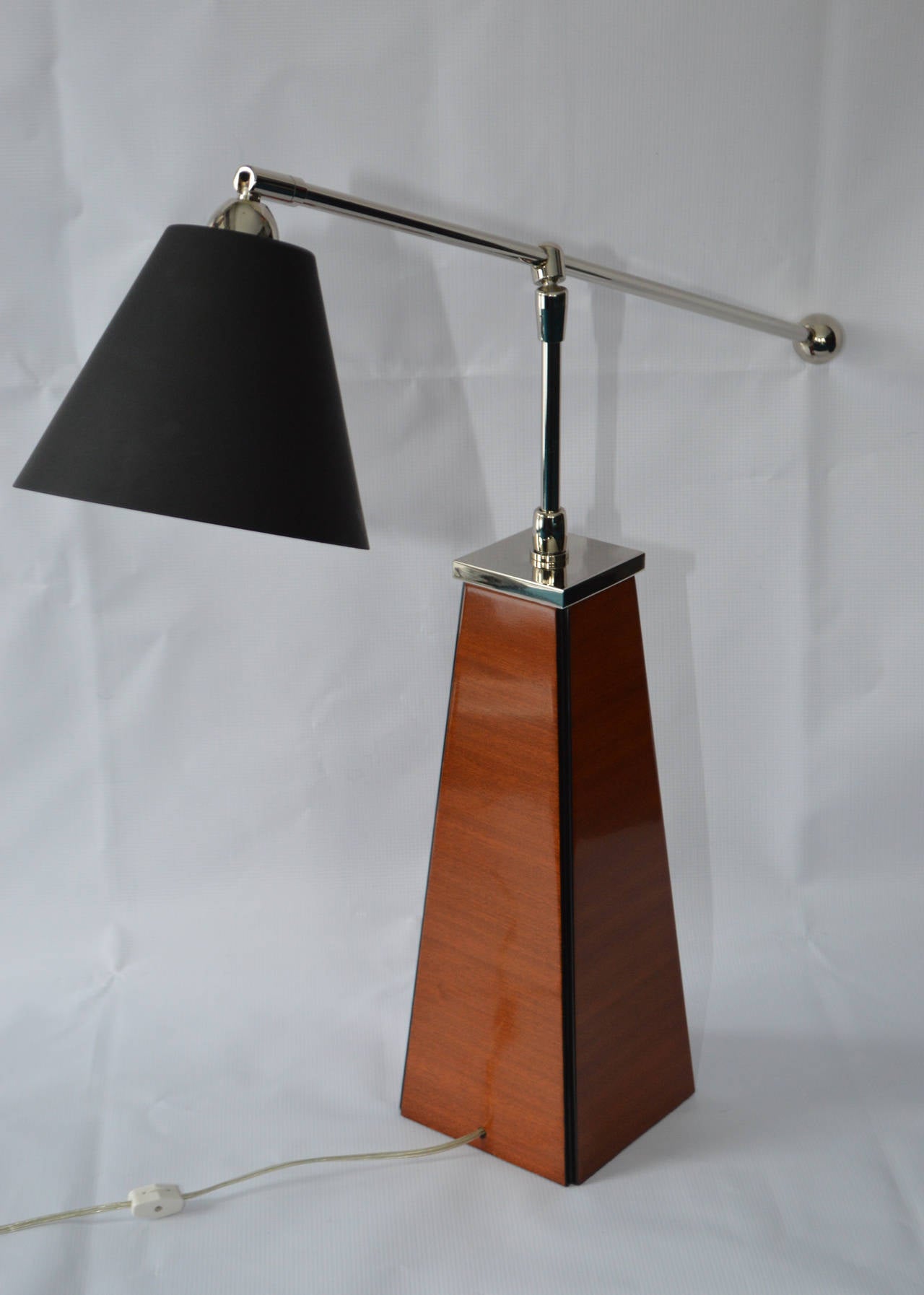 Ribbon striped mahogany with pivoting stainless steel weighted arm and swivel black steel shade, modern twist on traditional style desk lamp, tapered design
