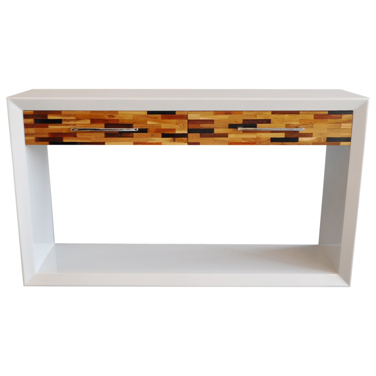 Modernist White Lacquer Console with Parquet Drawer Fronts