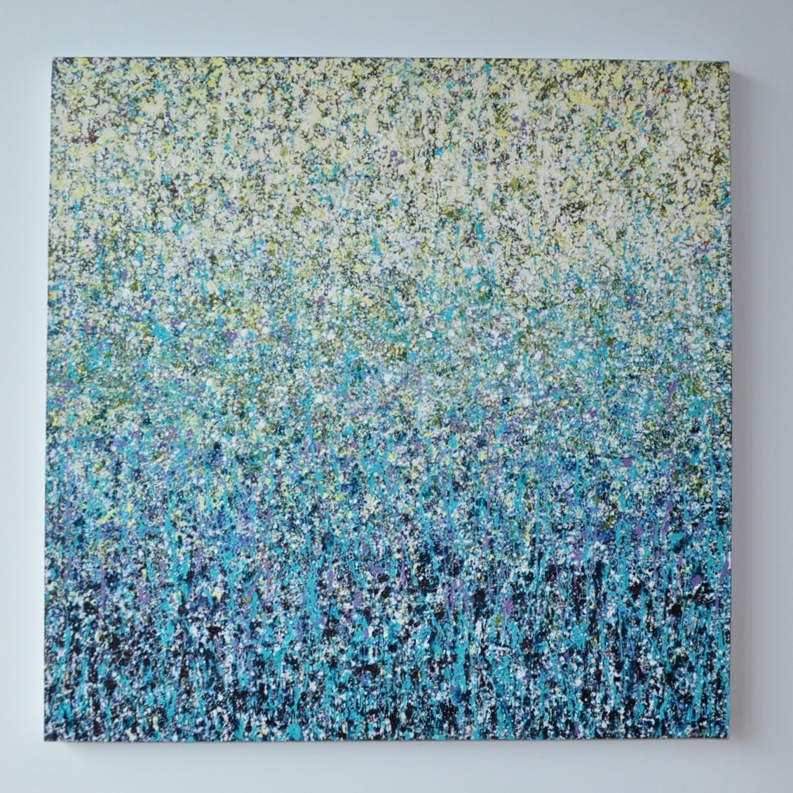 Abstract expressionist painting that is beautifully executed in several layers of turquoise, olive, dark blue and white. 40