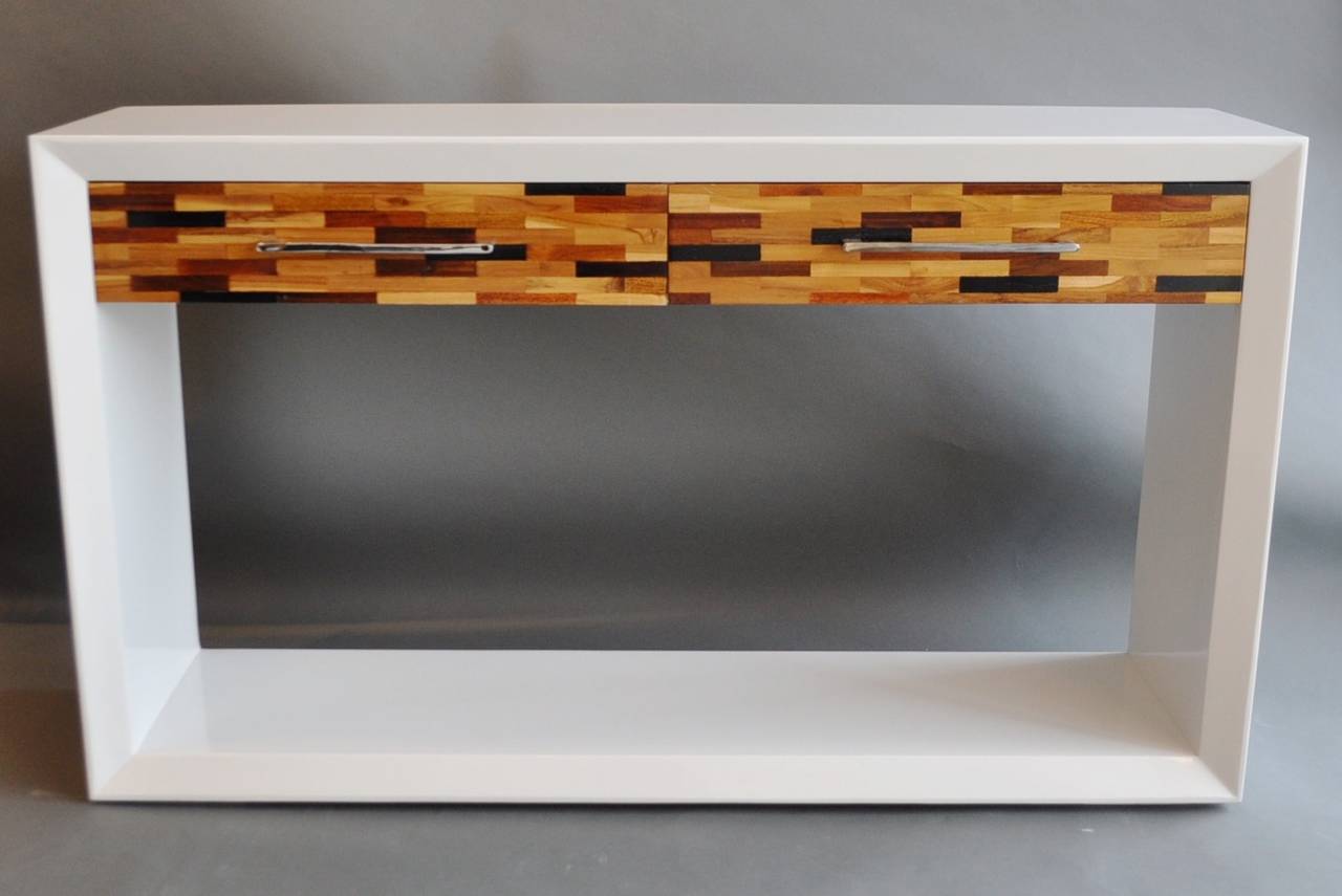 Modernist White Lacquer Console with Parquet Drawer Fronts
