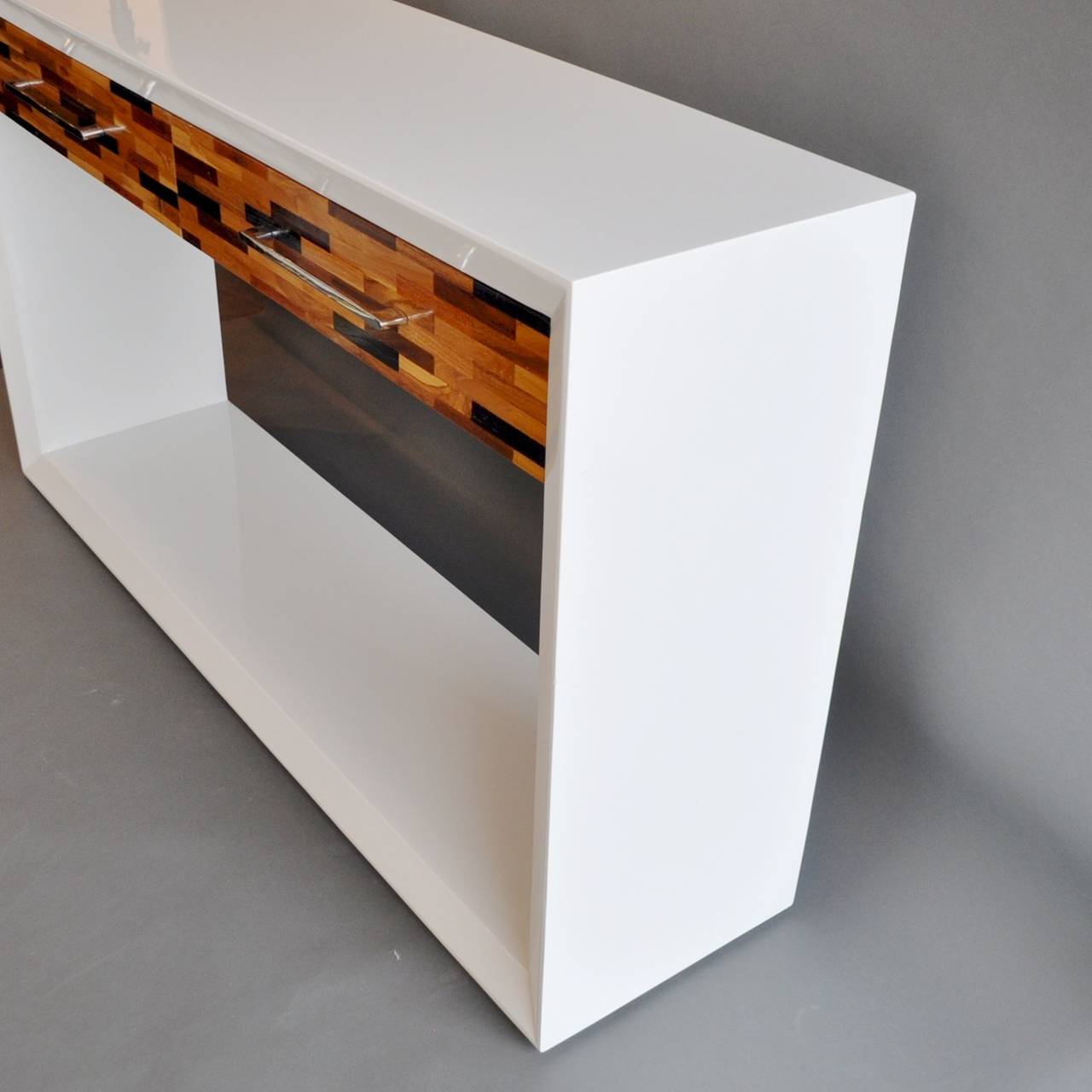 Modernist White Lacquer Console with Parquet Drawer Fronts 1