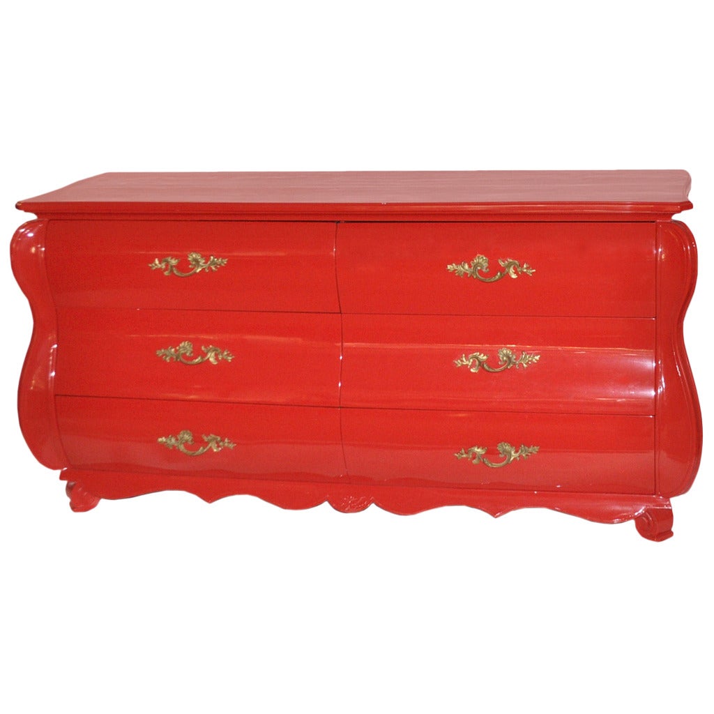 Red Lacquered Six-Drawer French Provincial Bombe Chest