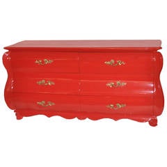 Red Lacquered Six-Drawer French Provincial Bombe Chest