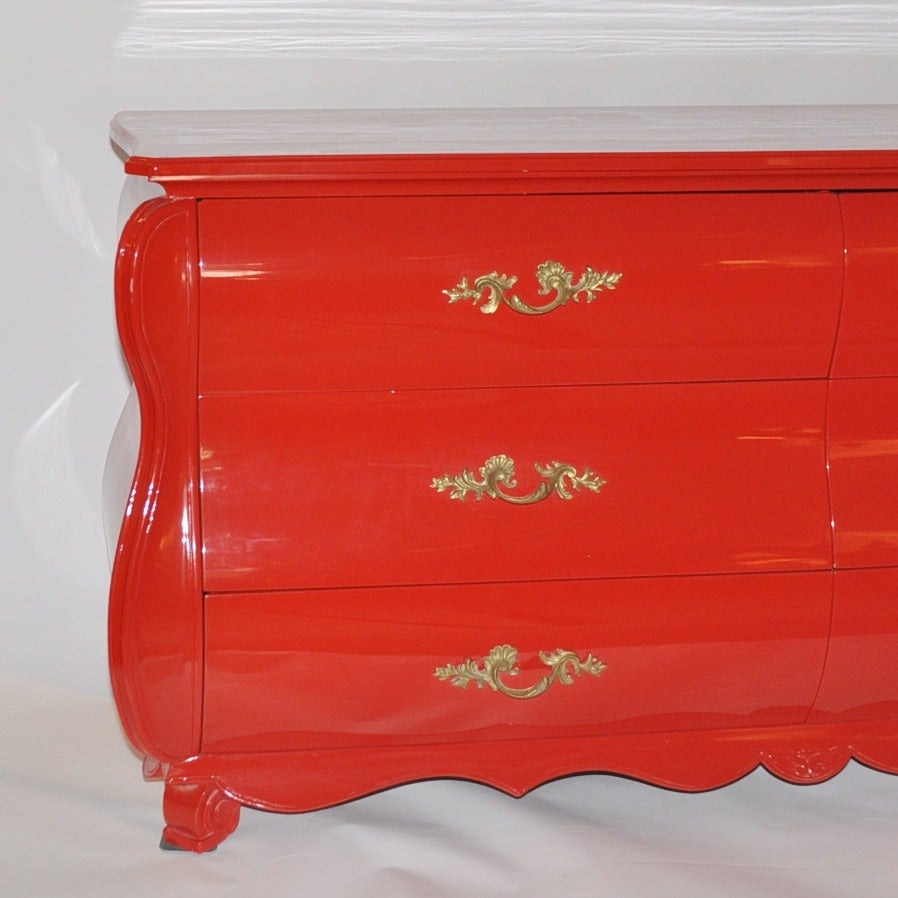Mid-20th Century Red Lacquered Six-Drawer French Provincial Bombe Chest