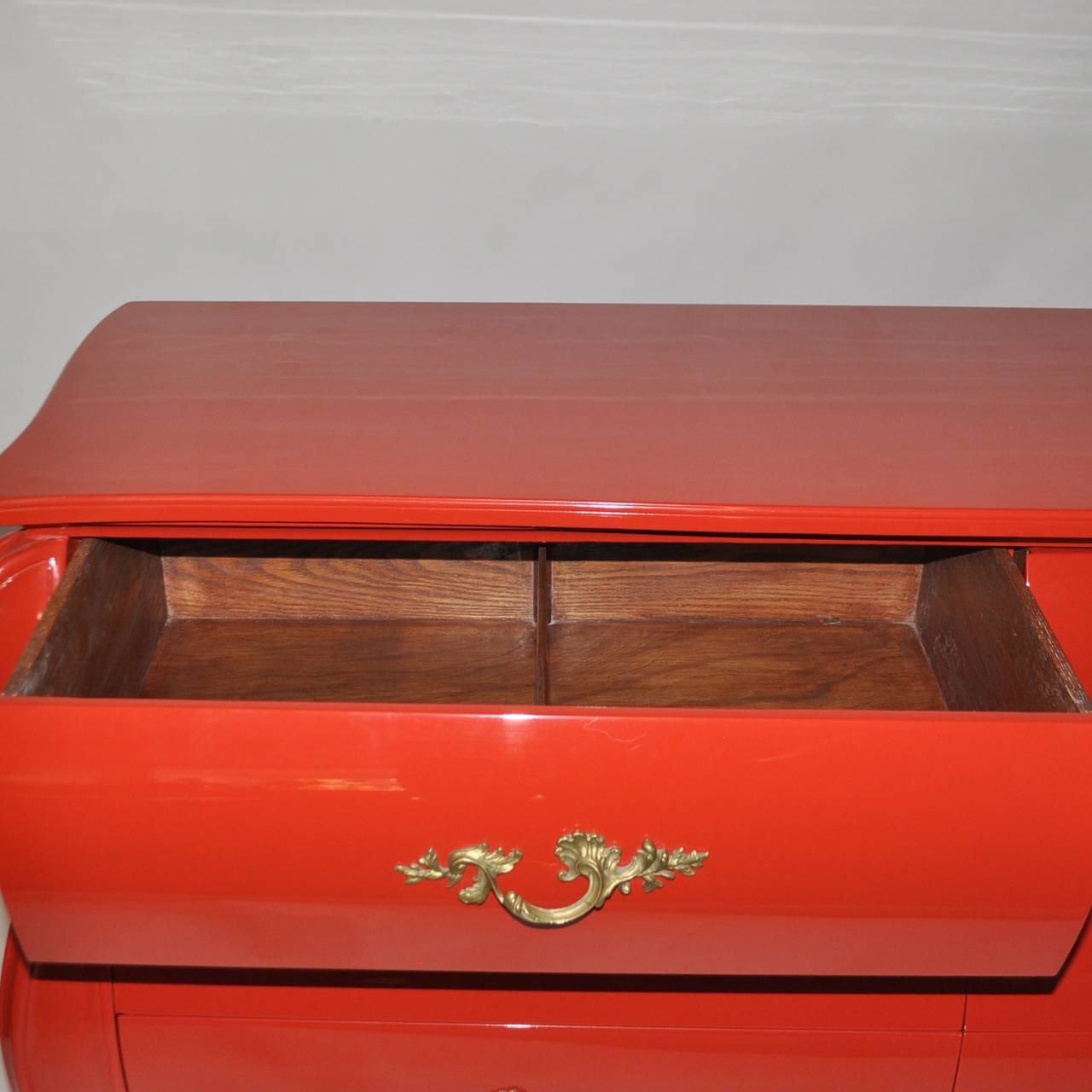Red Lacquered Six-Drawer French Provincial Bombe Chest 2