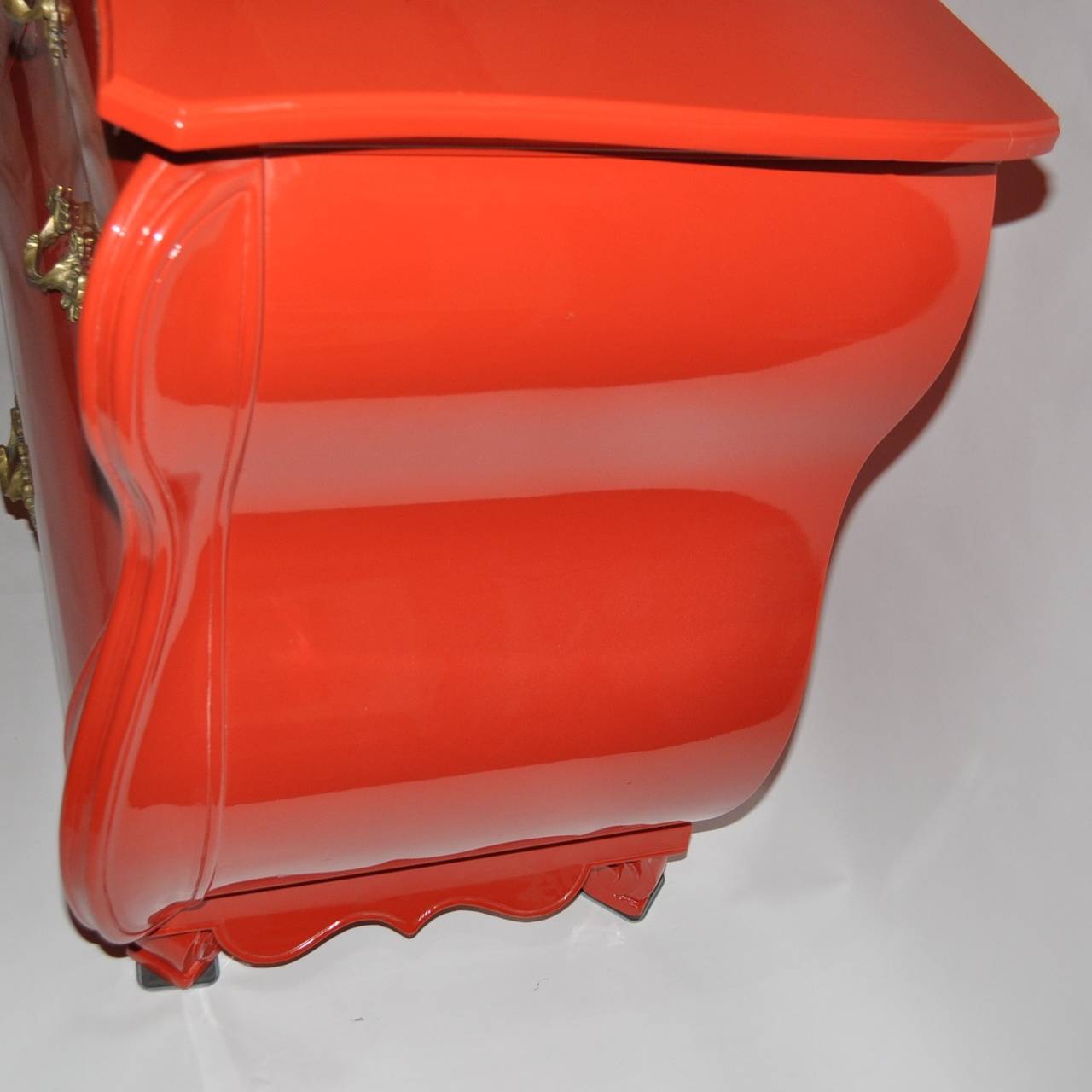 Red Lacquered Six-Drawer French Provincial Bombe Chest 1