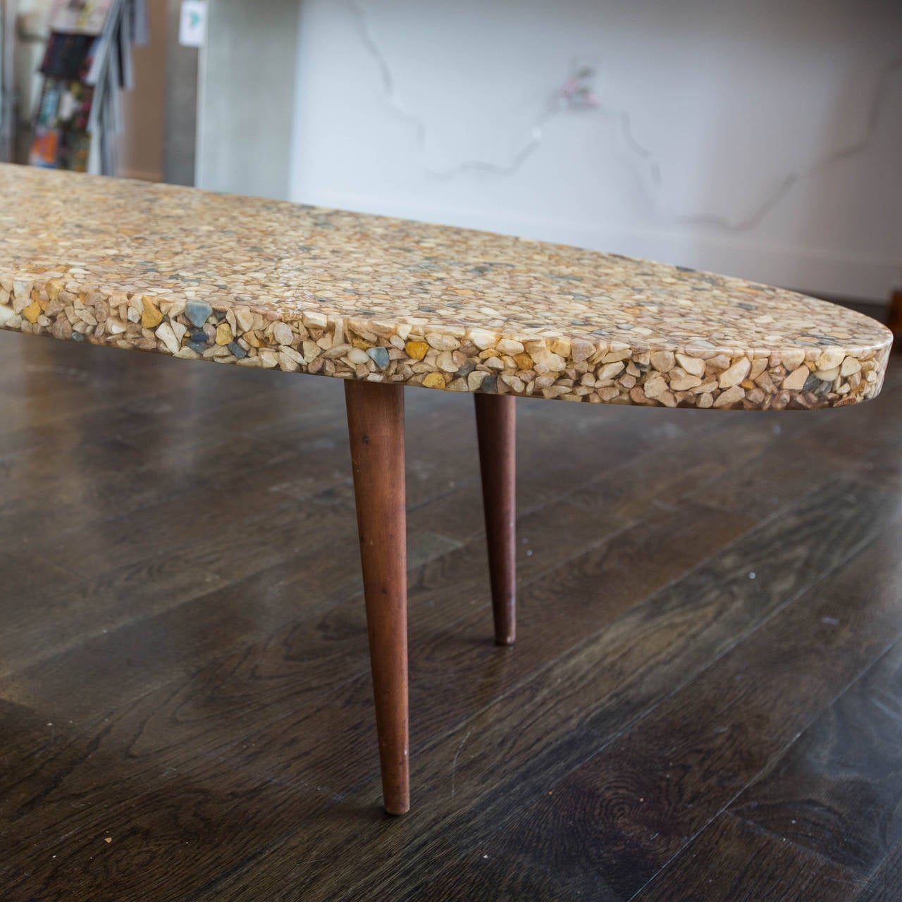 Mid-Century Modern Vintage Surfboard Coffee Table Made of River Rock in Resin