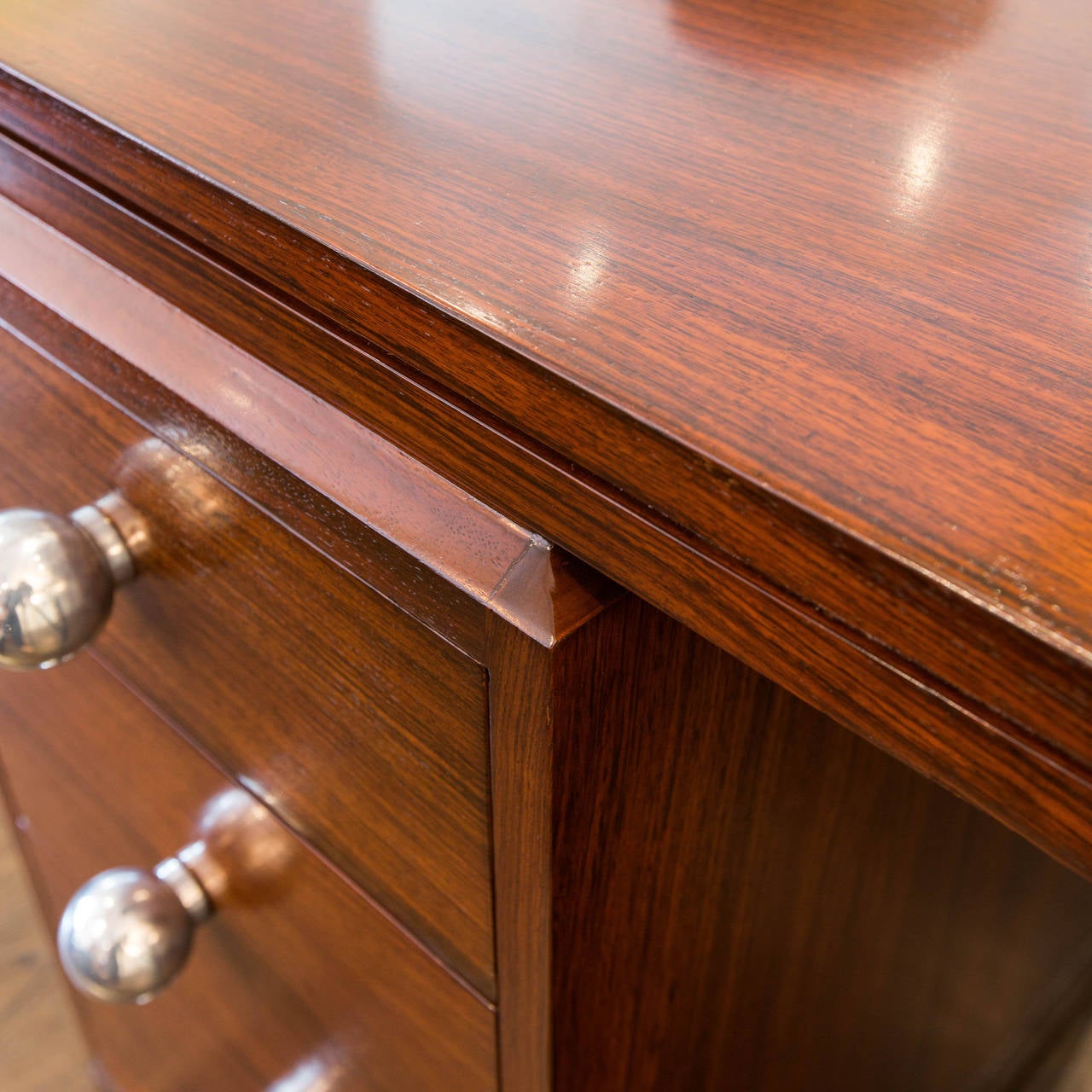 Freshly restored 6-drawer double pedestal deco desk with super cool polished aluminum drawer pulls and great rosewood veneers.