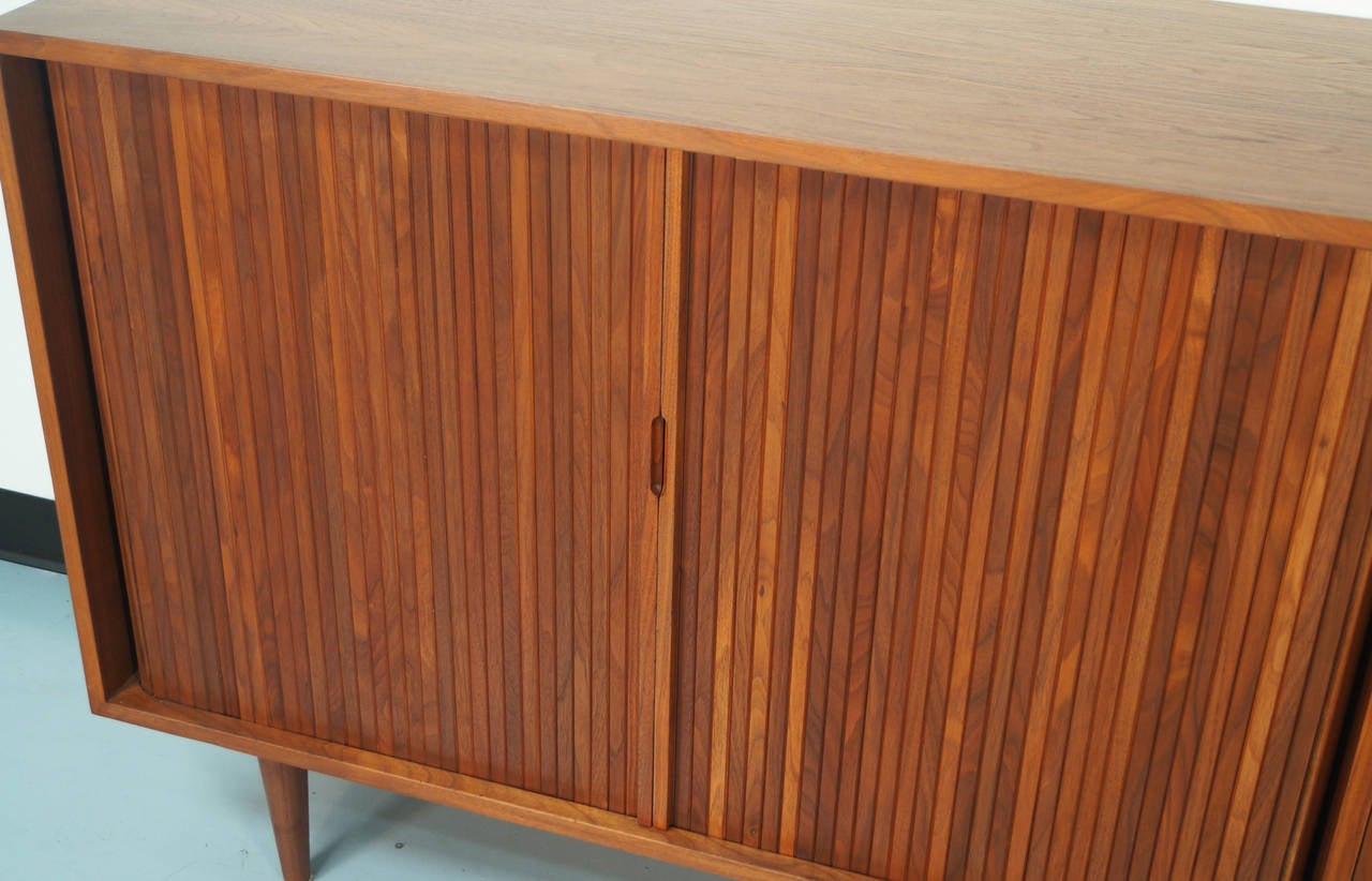 Vintage walnut tambour door credenza designed by Milo Baughman for Glenn of California.