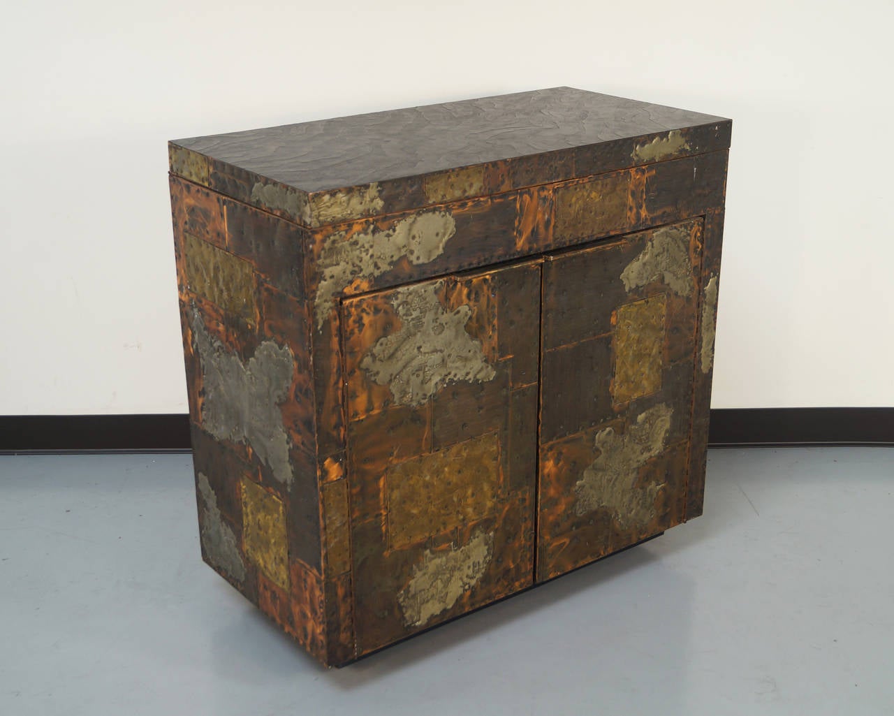 Brass Vintage Patchwork Flip-Top Bar Cabinet by Paul Evans