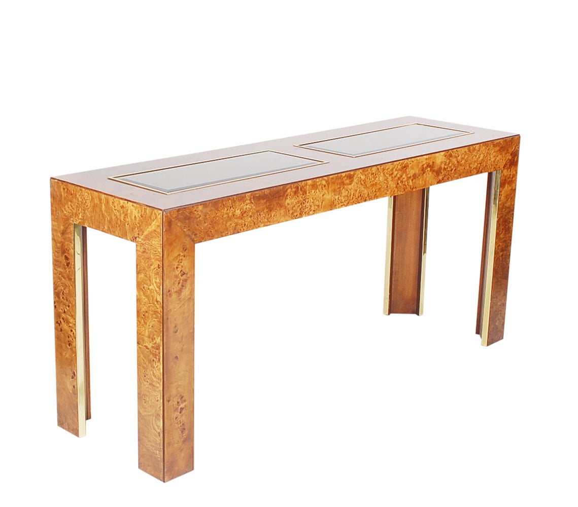 Mid-Century Modern Burl and Brass Desk Sofa or Console Table After Milo Baughman