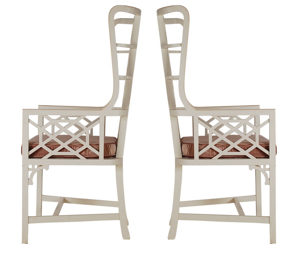 Matching Pair of Asian Modern Chippendale Style Wingback Chairs