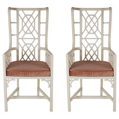 Matching Pair of Asian Modern Chippendale Style Wingback Chairs