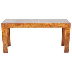 Mid Century Modern Burl and Brass Desk Sofa or Console Table after Milo Baughman 7