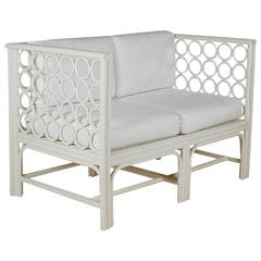 Retro Mid-Century Modern White Rattan Settee / Sofa