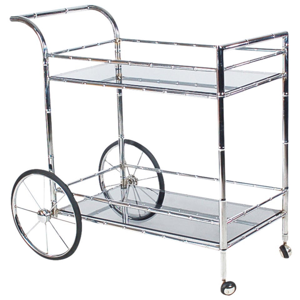 Hollywood Regency Chrome Bamboo and Glass Tea or Bar Cart