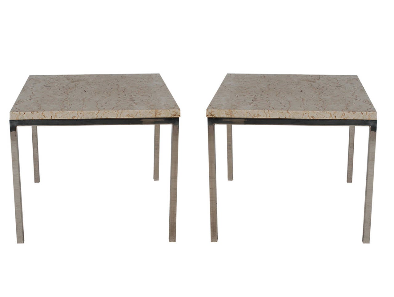 A simply gorgeous matching pair of modern Italian end tables. They feature chrome bases topped with Dolcetto Perlato Italian marble.