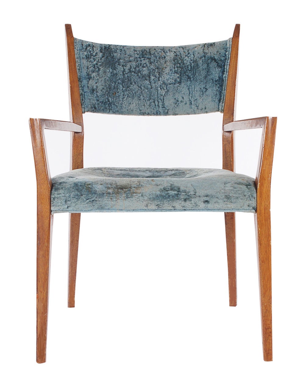 A complete set of six dining chairs designed by Paul McCobb. The chairs feature solid mahogany wood and blue velvet upholstery. Armchairs H34