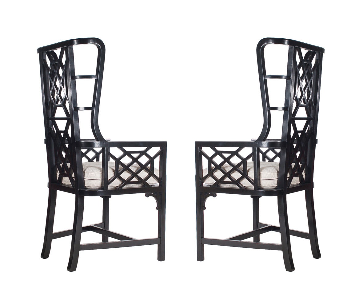 American Modern Pair of Black Chippendale Chinoiserie Armchairs