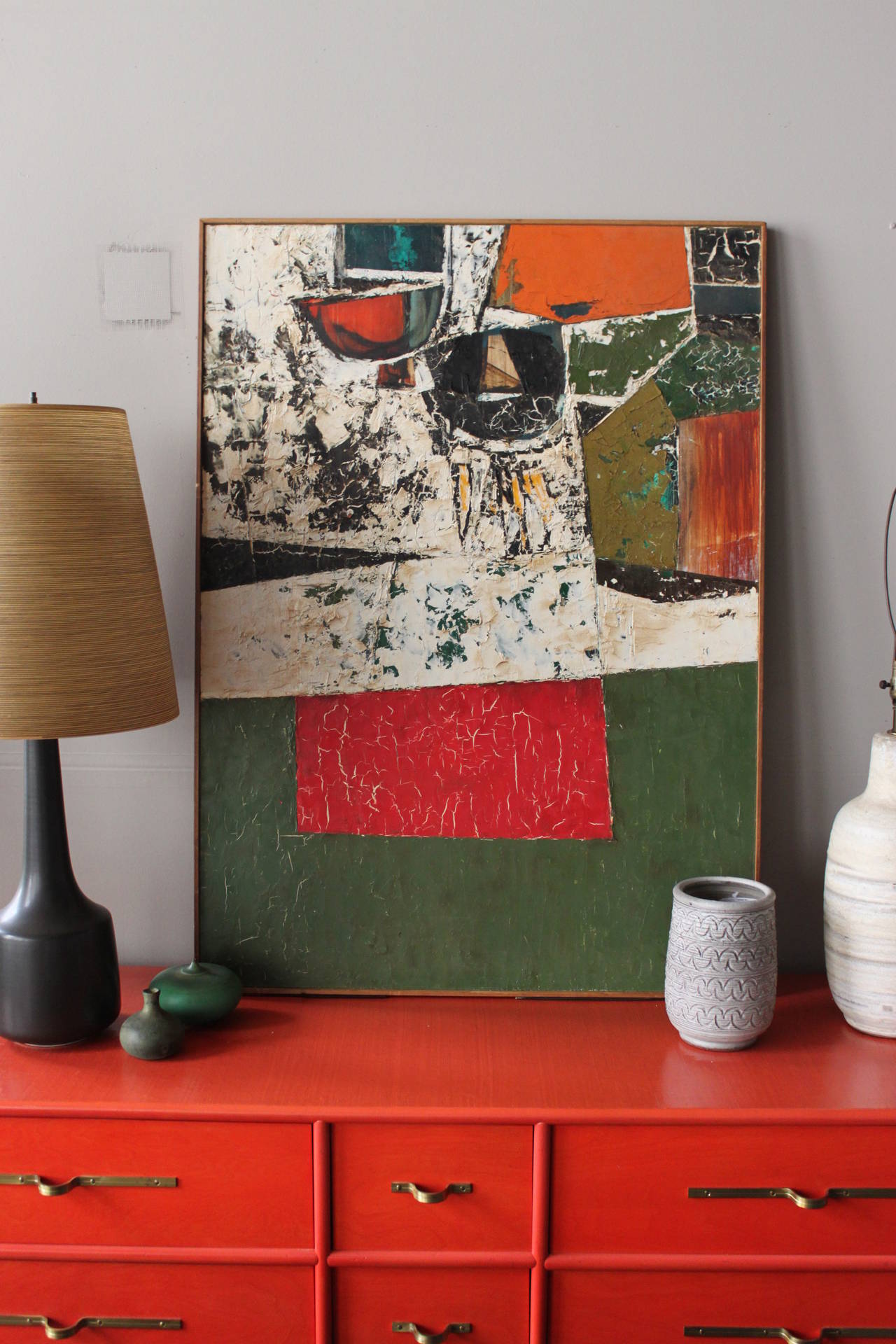Mid-Century Modern Orange and Green Abstract Expressionist Painting by Richard Pembroke