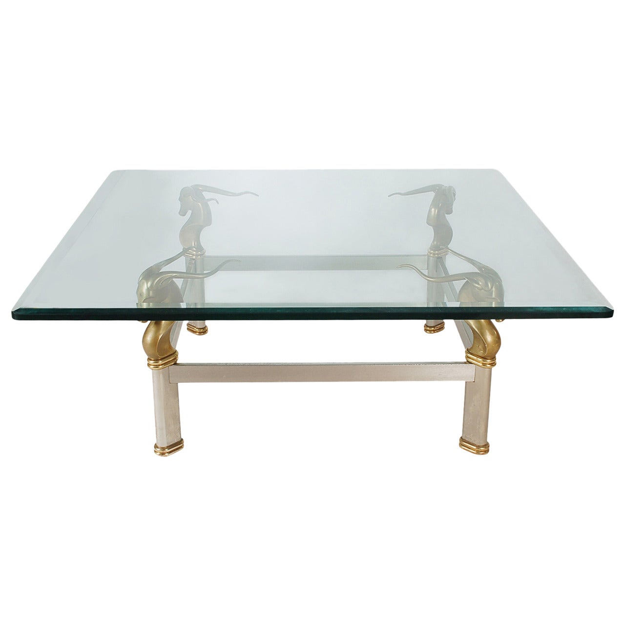 Hollywood Regency Brass and Glass Gazelle Head Cocktail Table