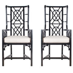 Modern Pair of Black Chippendale Chinoiserie Armchairs