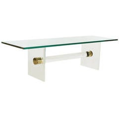 Thick Lucite and Brass Cocktail Table After Karl Springer