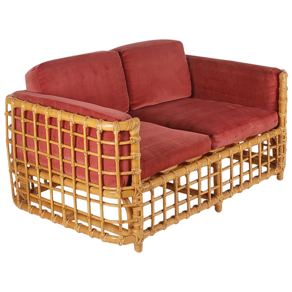 Vintage Rattan Settee or Sofa in the Manner of Franco Albini