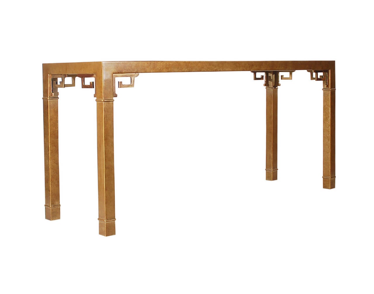 A very well made Asian inspired console table made by Mastercraft. It features brass frame with a speckled mirror inlay.