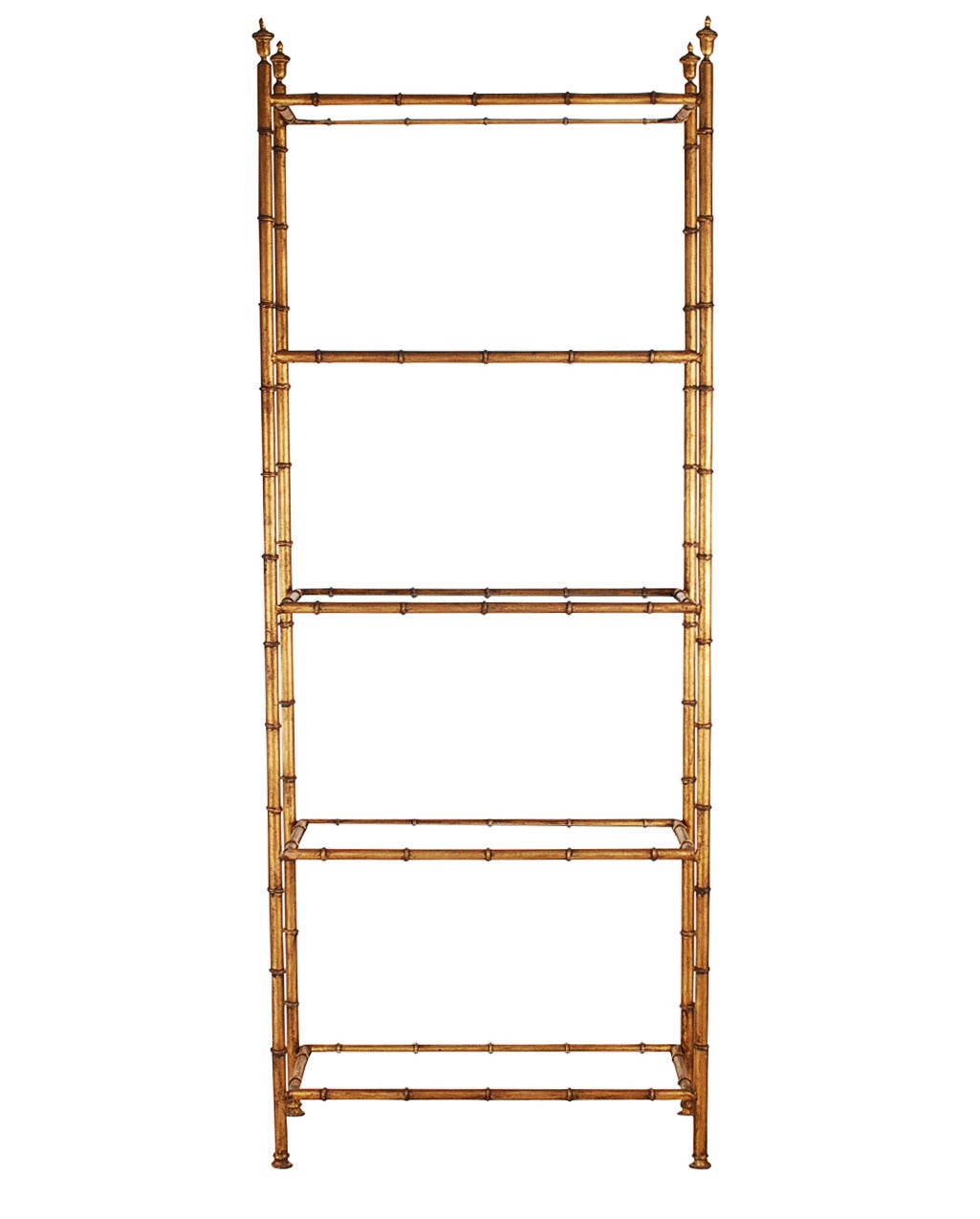 A tall and very well made etagere from the 1970's. It features heavy gold gilded iron frame with five glass shelves.