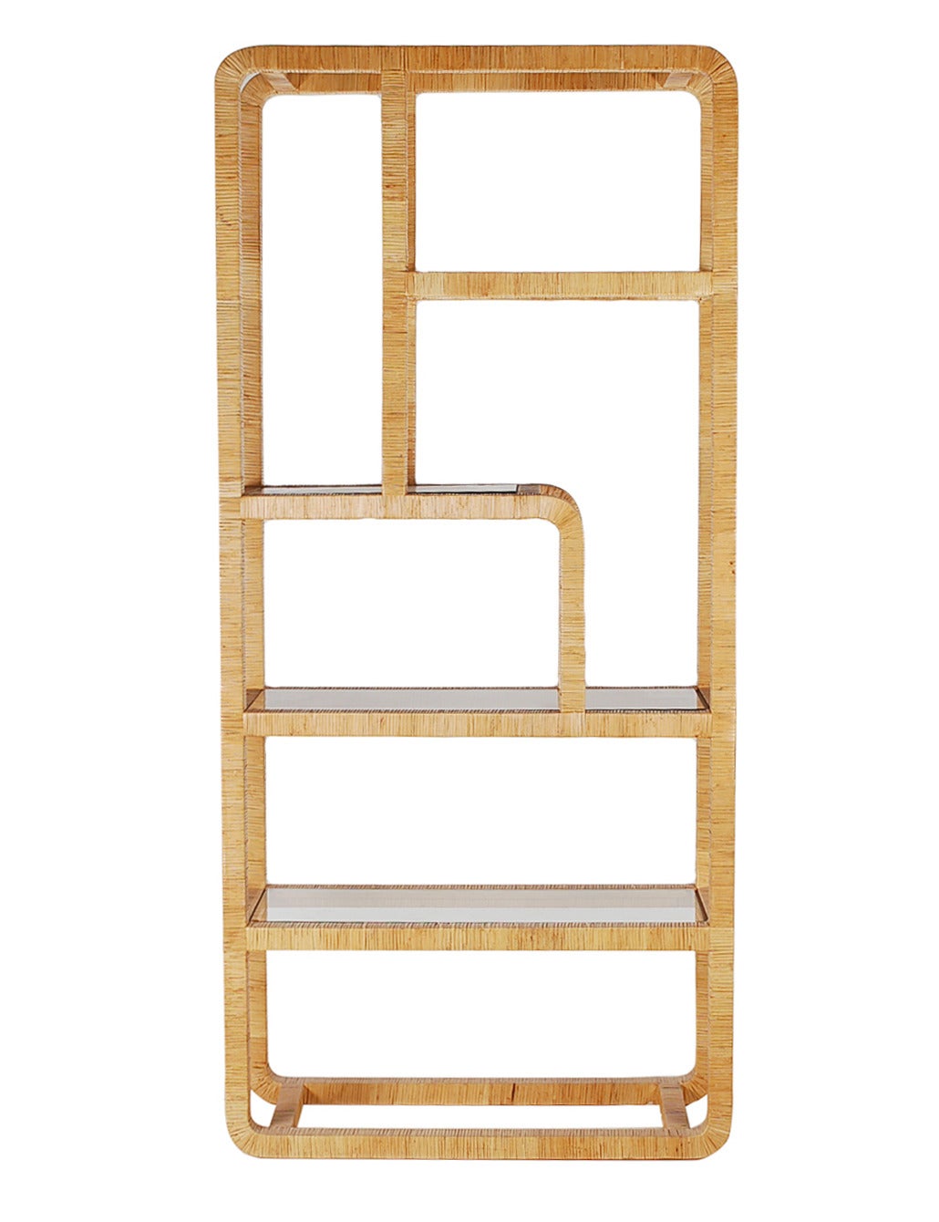 A stylish asymmetrical designed etagere. It features four glass shelves and rattan wrapped. Will work well with Milo Baughman or Franco Albini furniture.
