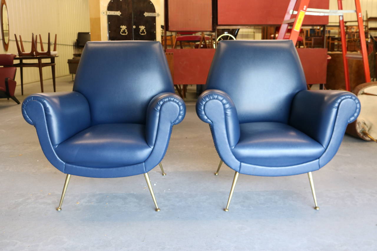 Pair of Italian Midcentury Armchairs with Brass Legs by Gigi Radice In Excellent Condition In Philadelphia, PA