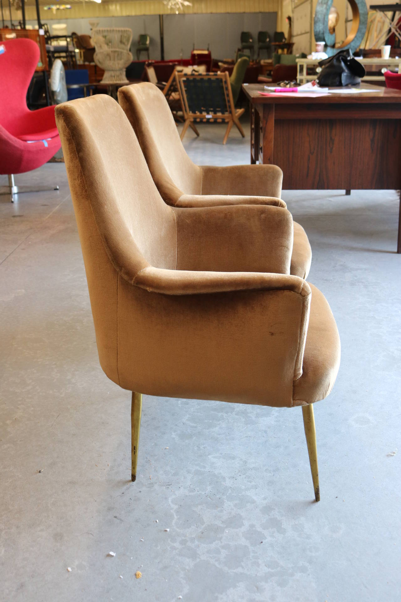 This is a lovely sculptural pair of mid century armchairs made in Italy in the 1950's. Covered in a creamy camel velvet, these chairs are gorgeous, but do show wear. Velvet is crushed in areas, and brass legs have surface scratches. Neither of these