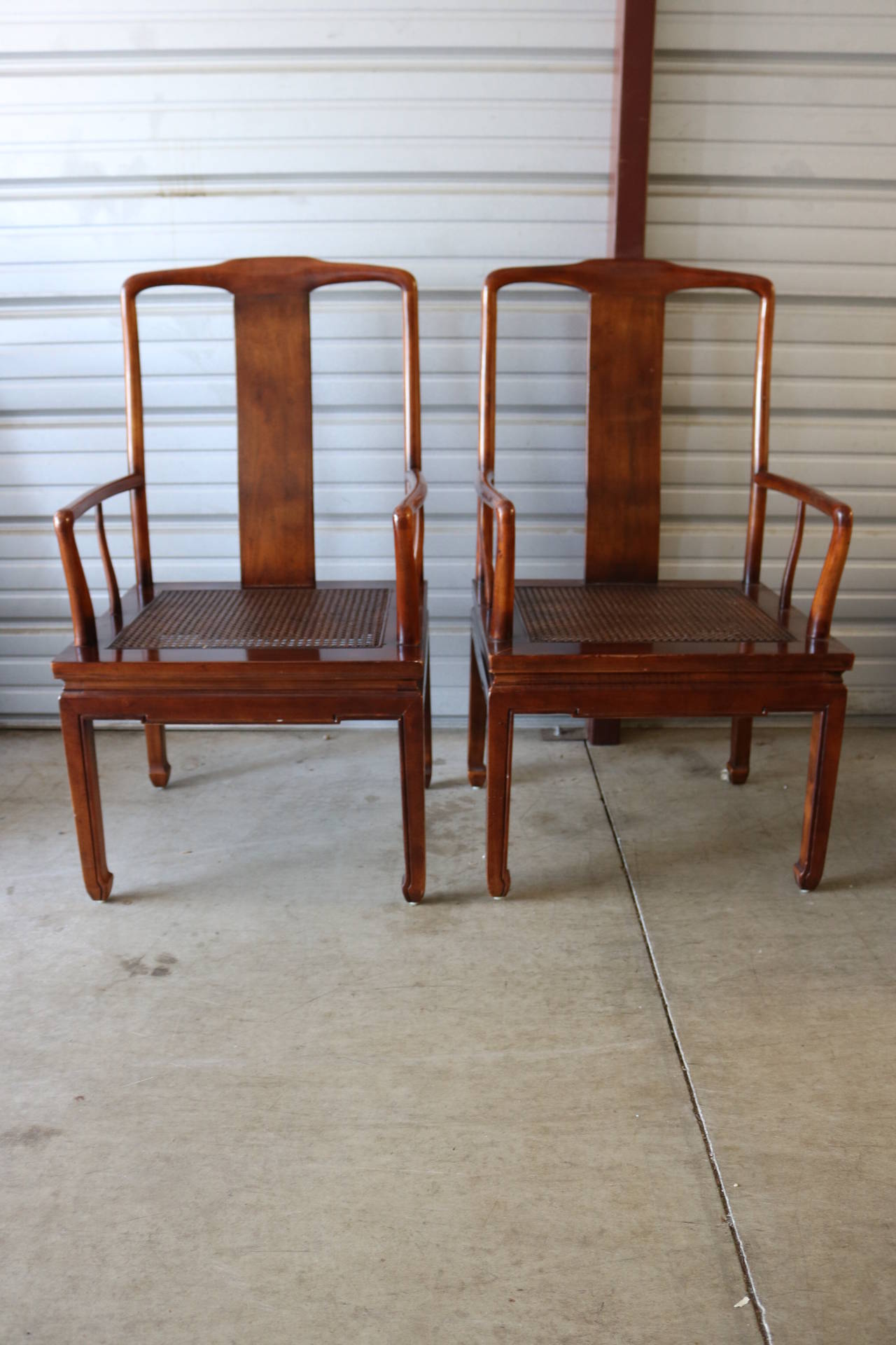 Hollywood Regency Pair of Asian Influenced Caned Armchairs