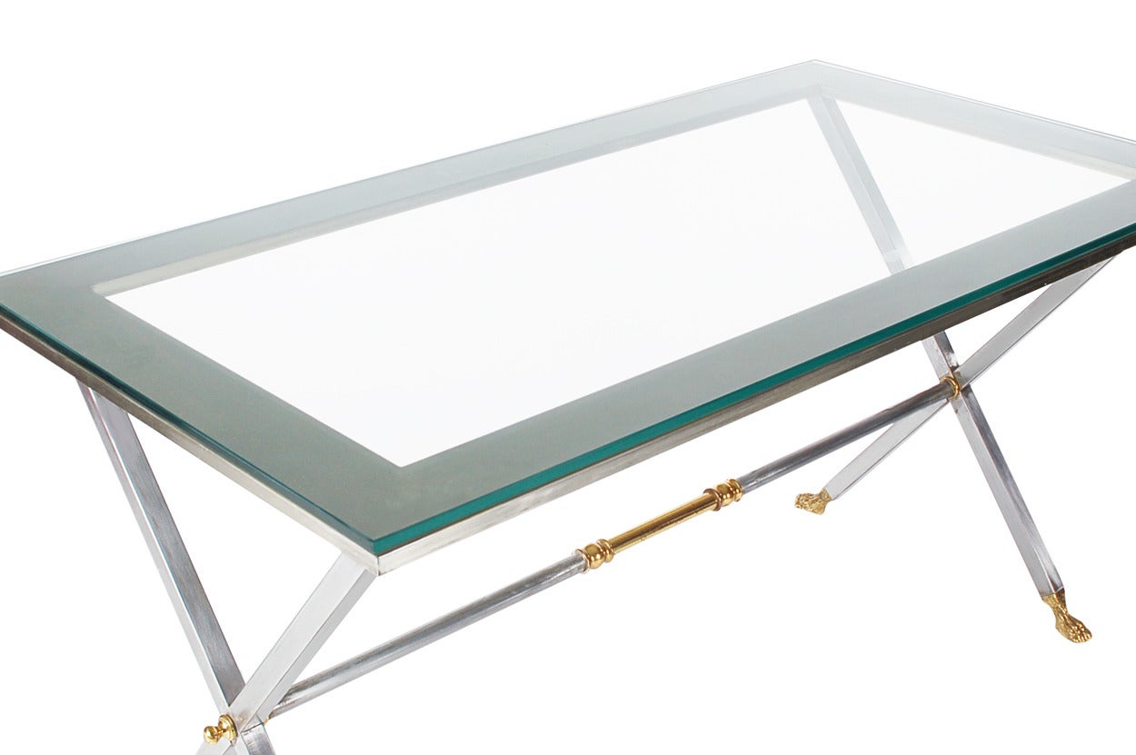 Hollywood Regency Italian Steel and Brass X Base Desk or Dining Table After Maison Jansen